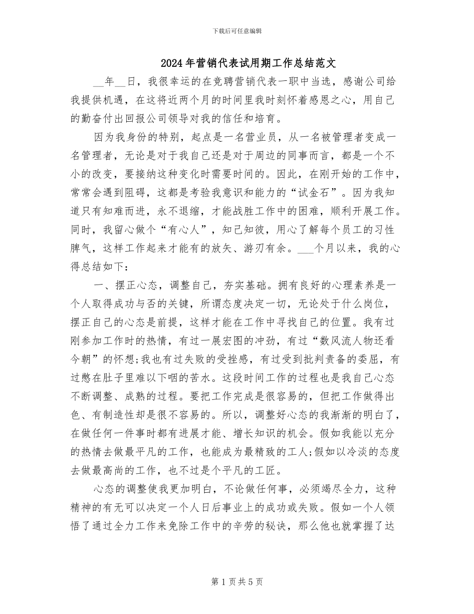 2024年营销代表试用期工作总结范文_第1页