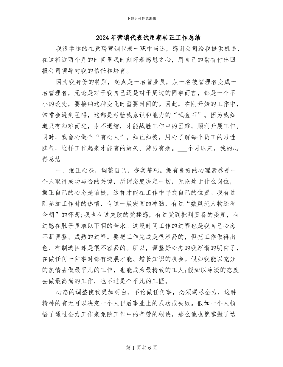 2024年营销代表试用期转正工作总结_第1页