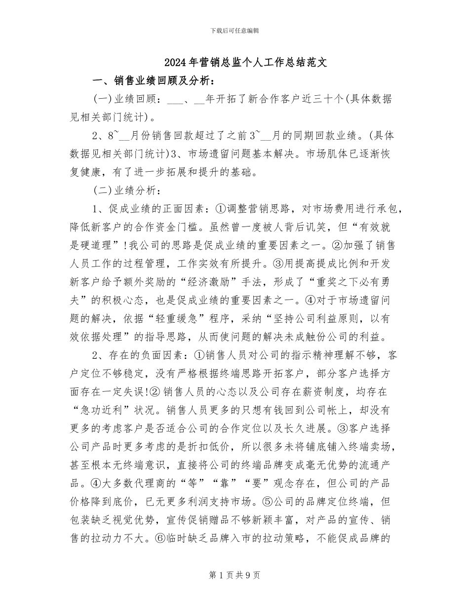 2024年营销总监个人工作总结范文_第1页