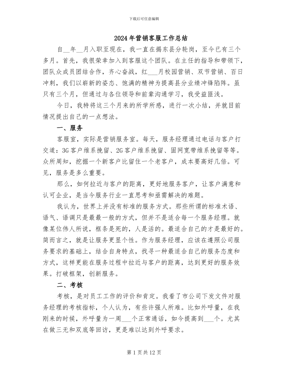 2024年营销客服工作总结_第1页