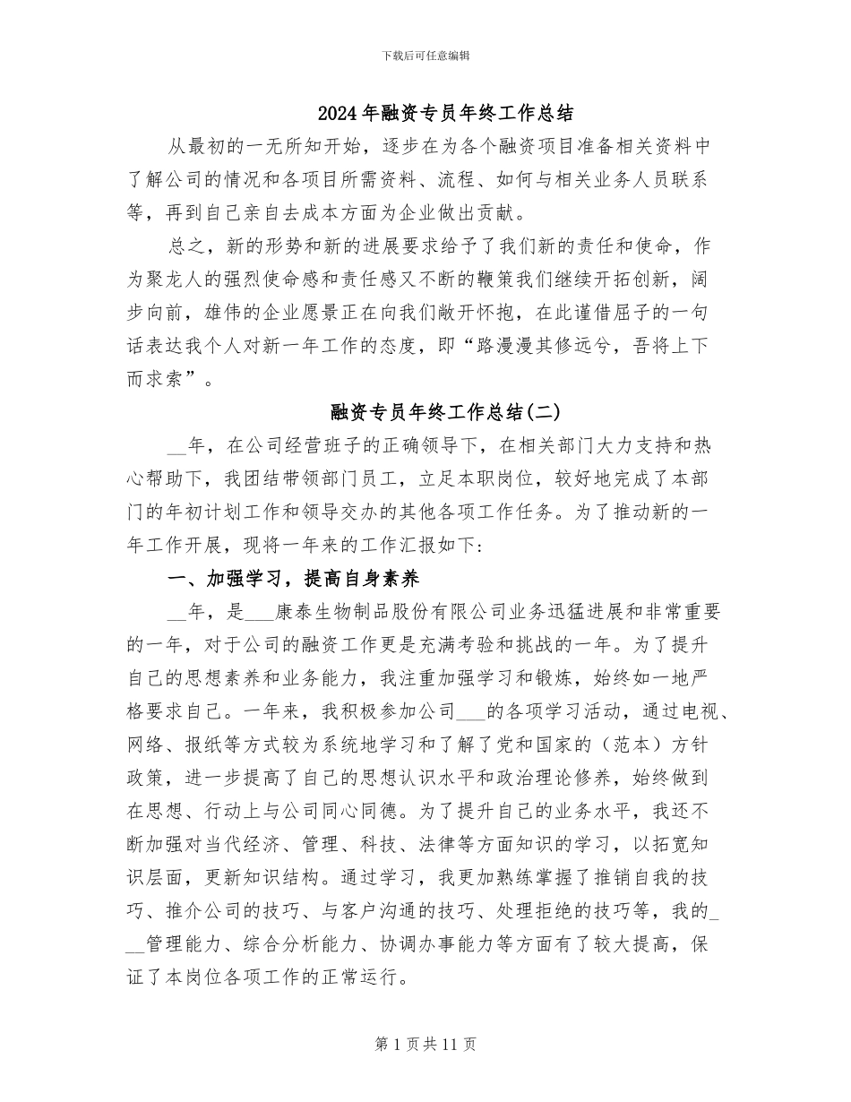 2024年融资专员年终工作总结_第1页