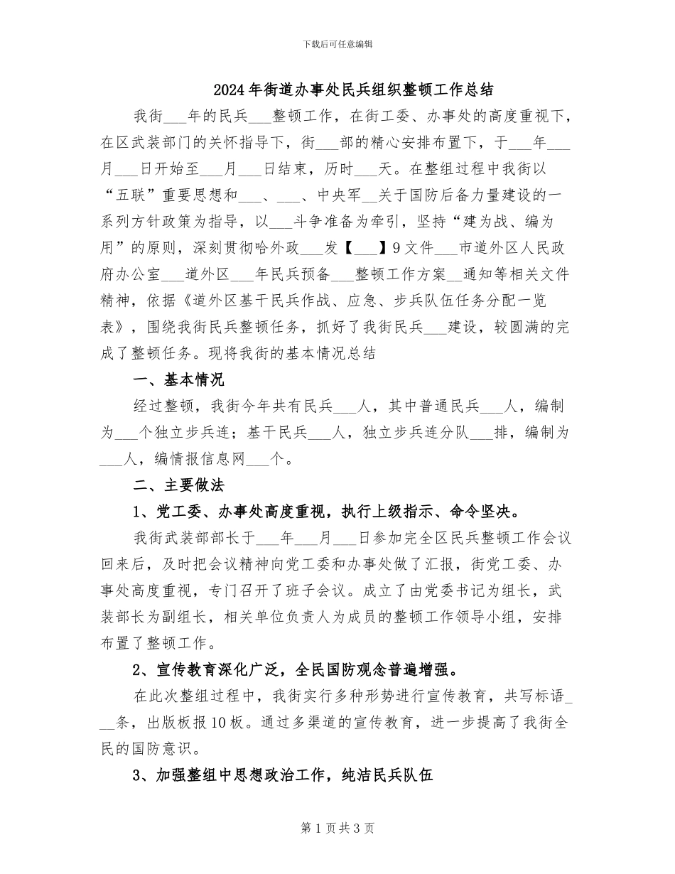 2024年街道办事处民兵组织整顿工作总结_第1页