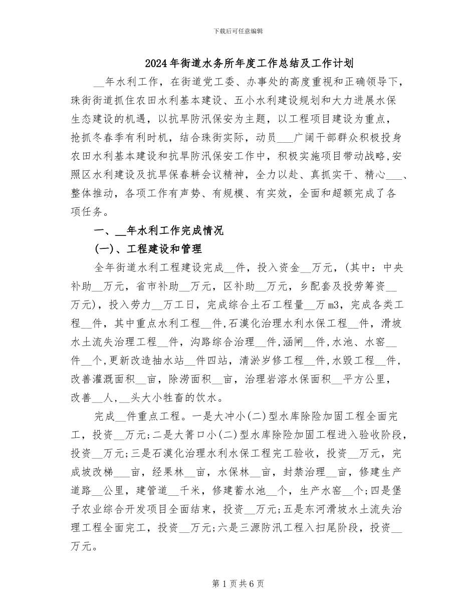 2024年街道水务所年度工作总结及工作计划_第1页
