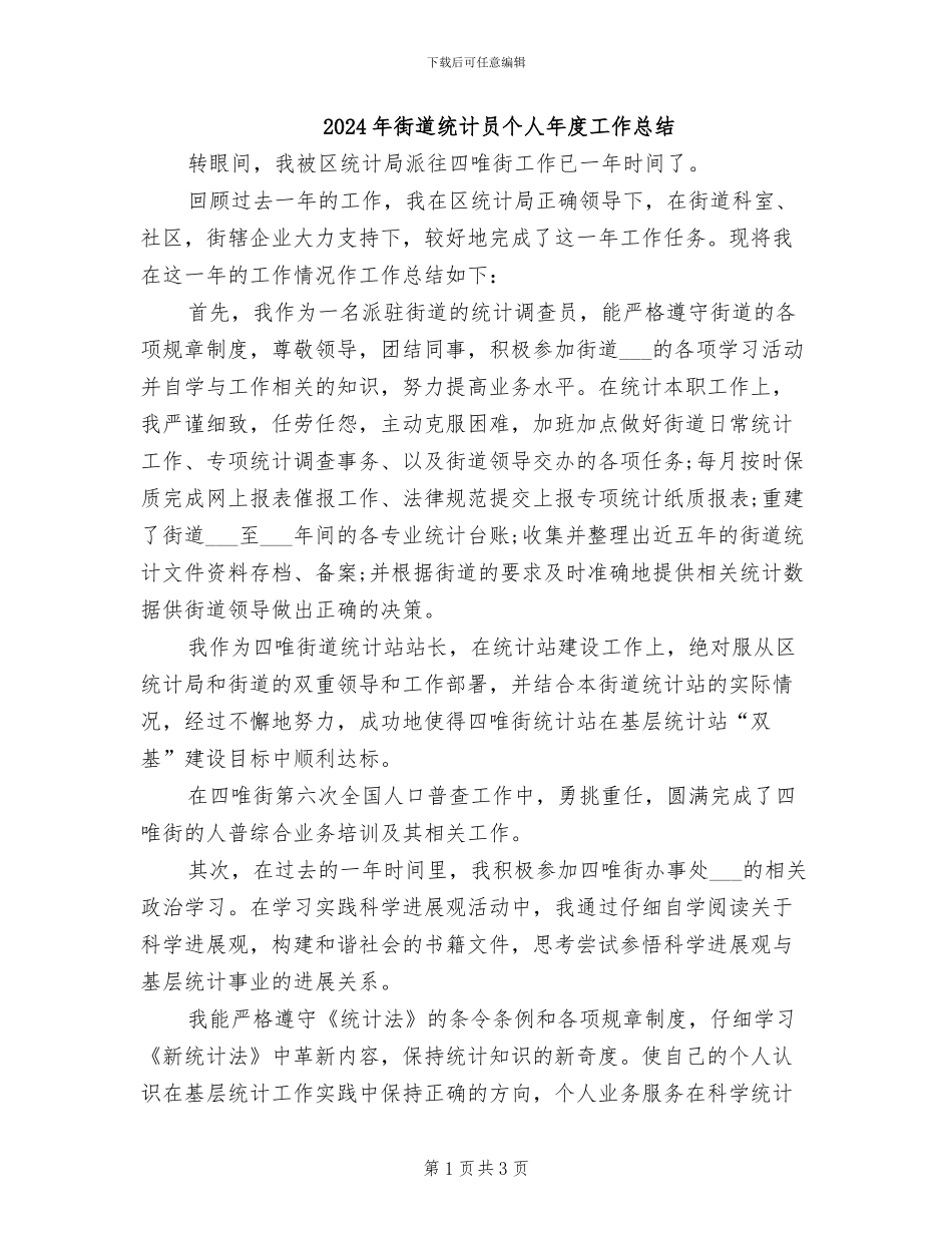 2024年街道统计员个人年度工作总结_第1页