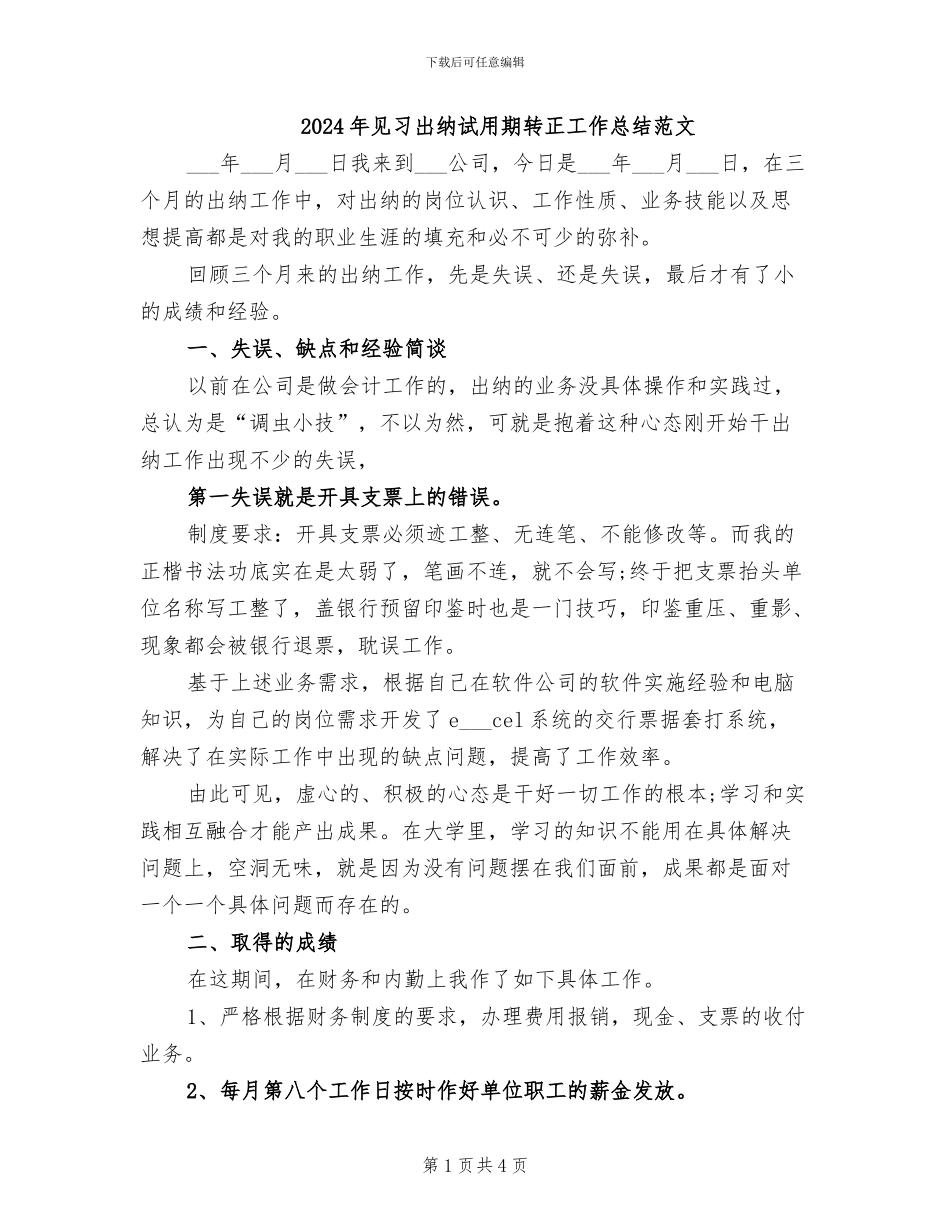2024年见习出纳试用期转正工作总结范文_第1页