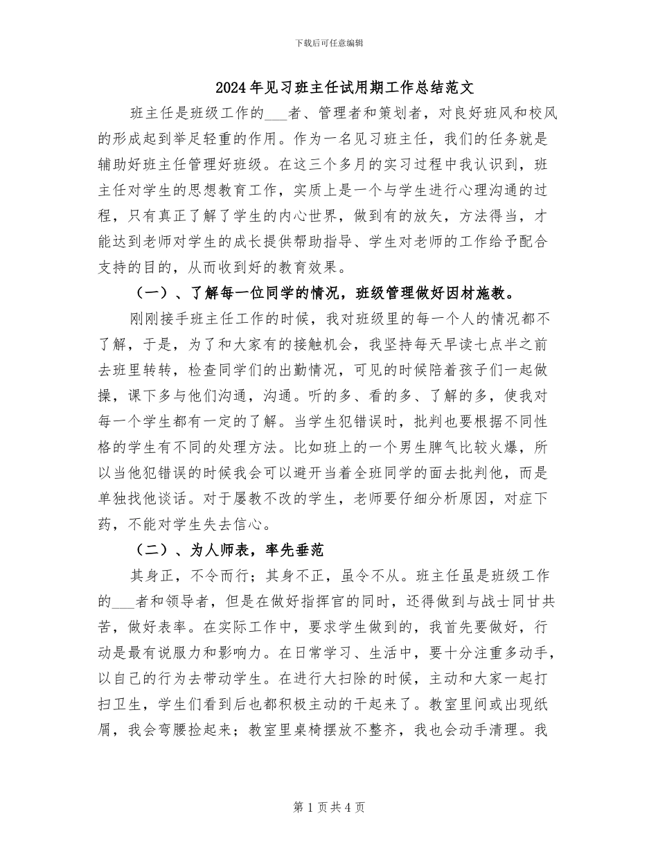 2024年见习班主任试用期工作总结范文_第1页