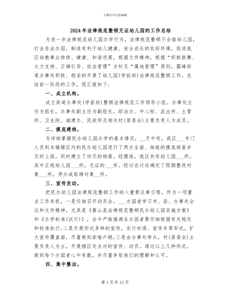 2024年规范整顿无证幼儿园的工作总结_第1页