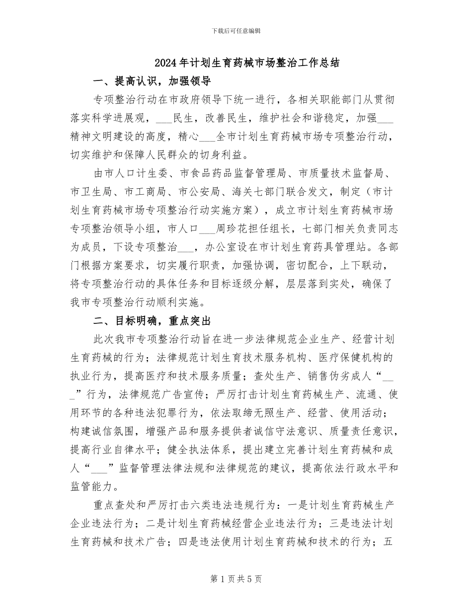 2024年计划生育药械市场整治工作总结_第1页