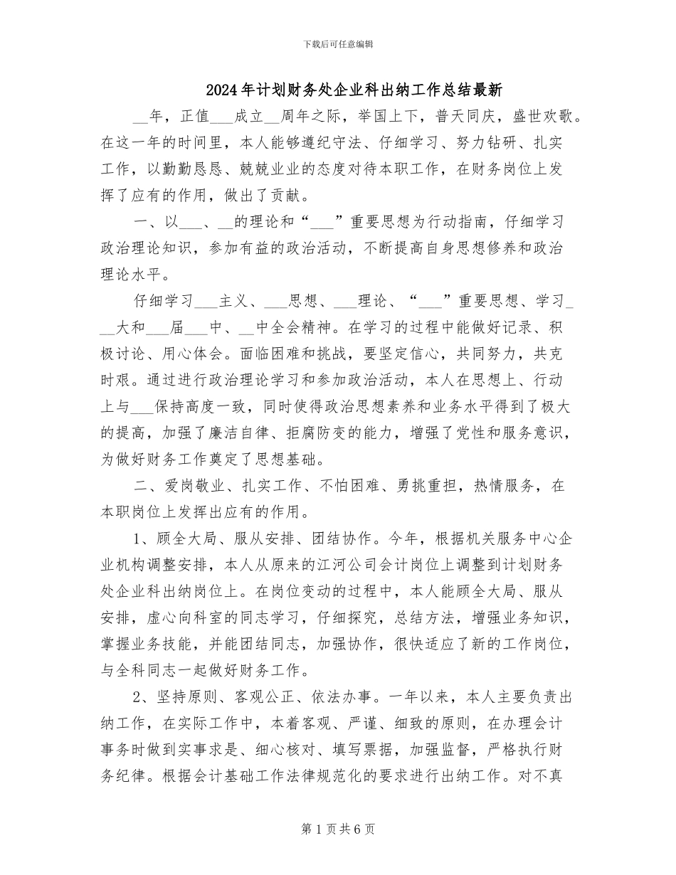 2024年计划财务处企业科出纳工作总结最新_第1页