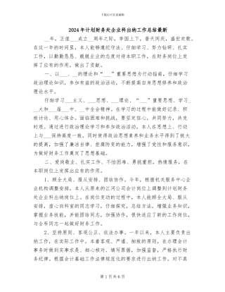 2024年计划财务处企业科出纳工作总结最新