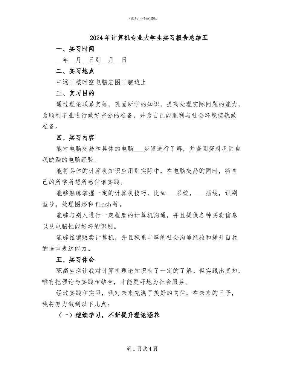 2024年计算机专业大学生实习报告总结五_第1页