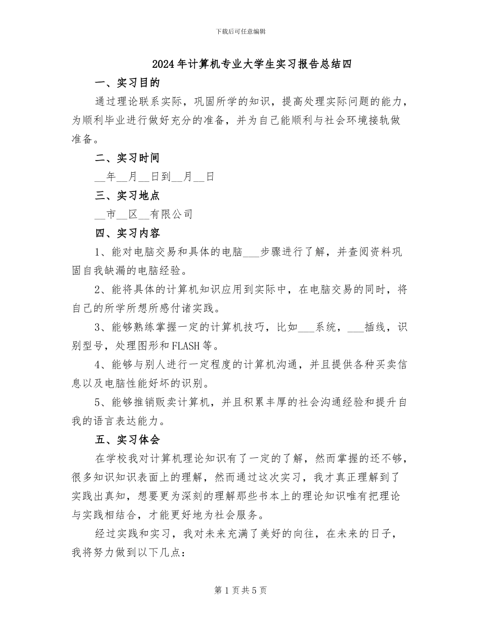 2024年计算机专业大学生实习报告总结四_第1页