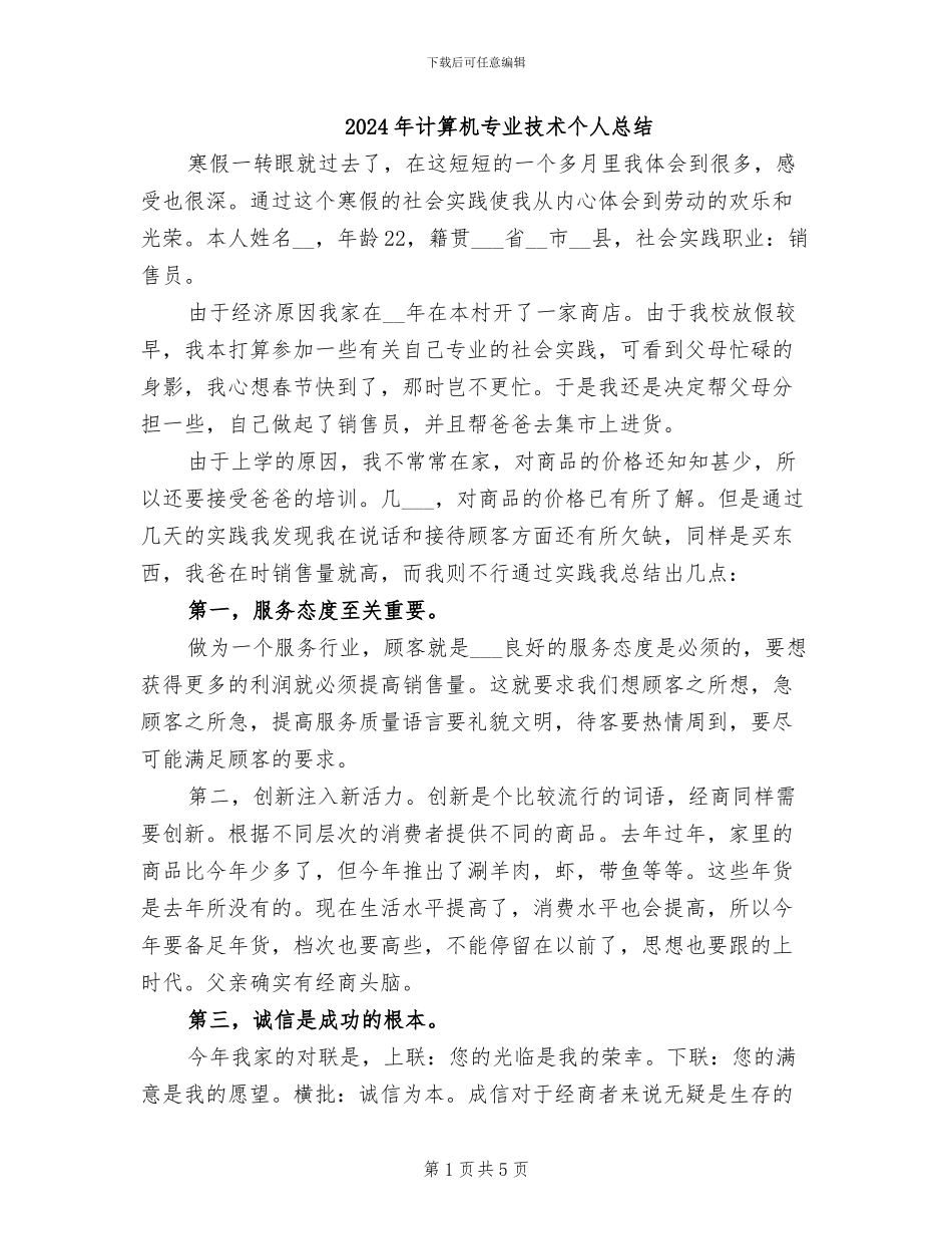 2024年计算机专业技术个人总结_第1页
