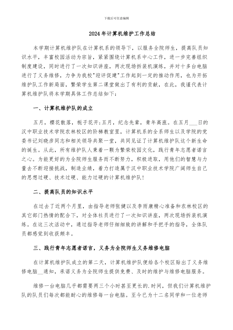 2024年计算机维护工作总结_第1页