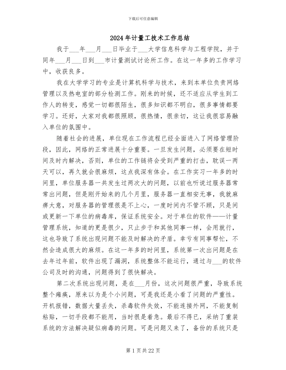 2024年计量工技术工作总结_第1页