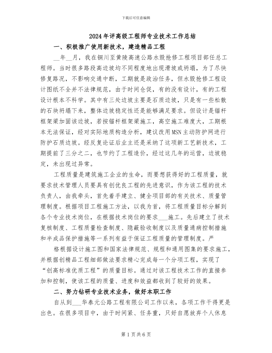 2024年评高级工程师专业技术工作总结_第1页