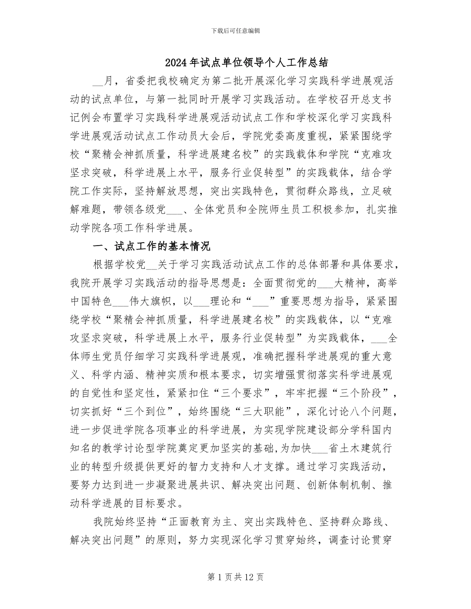 2024年试点单位领导个人工作总结_第1页