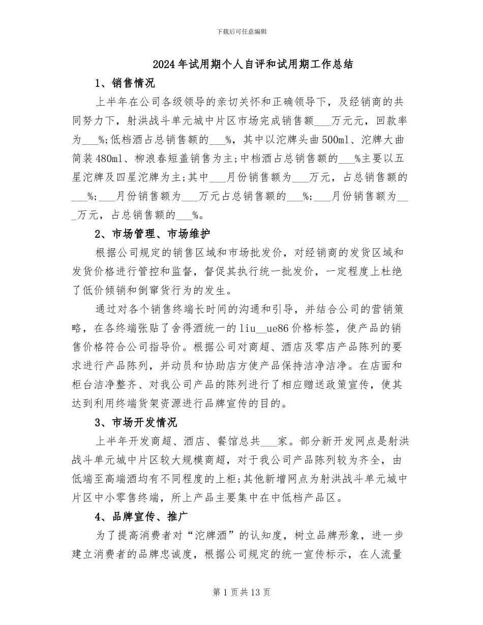 2024年试用期个人自评和试用期工作总结_第1页