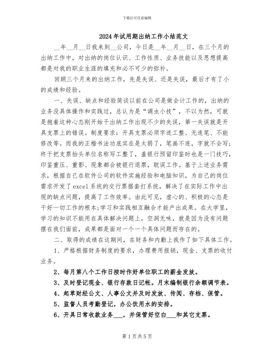 2024年试用期出纳工作小结范文_第1页