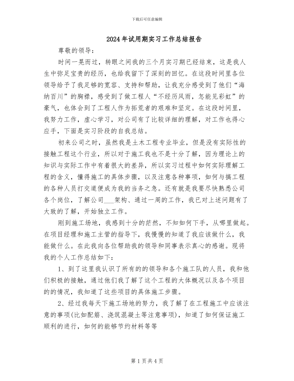 2024年试用期实习工作总结报告_第1页