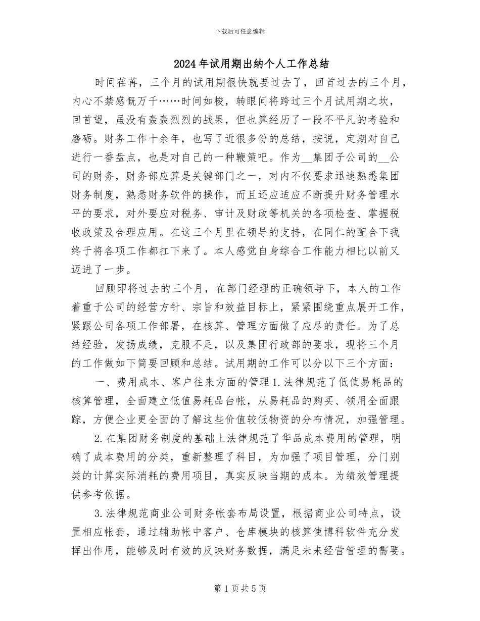2024年试用期出纳个人工作总结_第1页