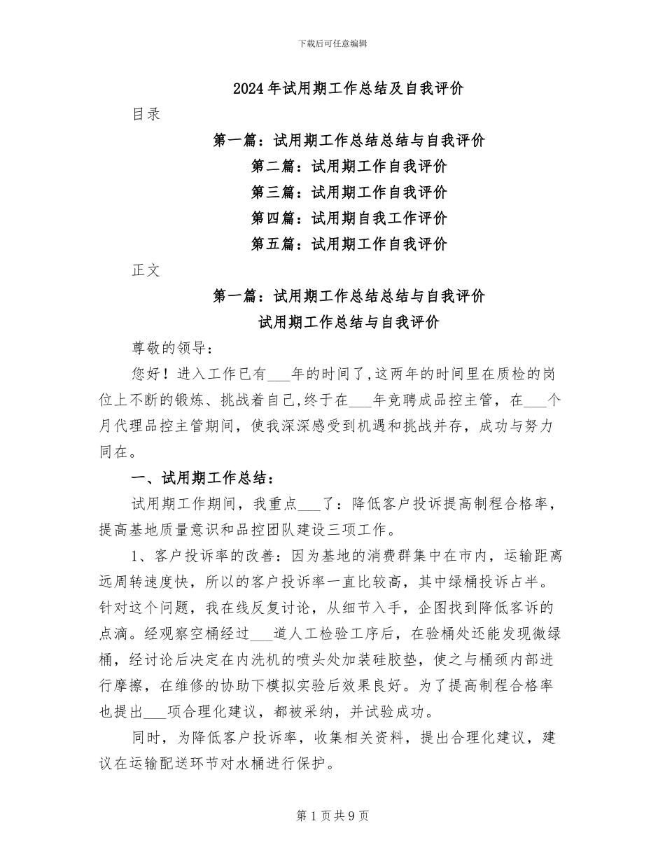 2024年试用期工作总结及自我评价_第1页