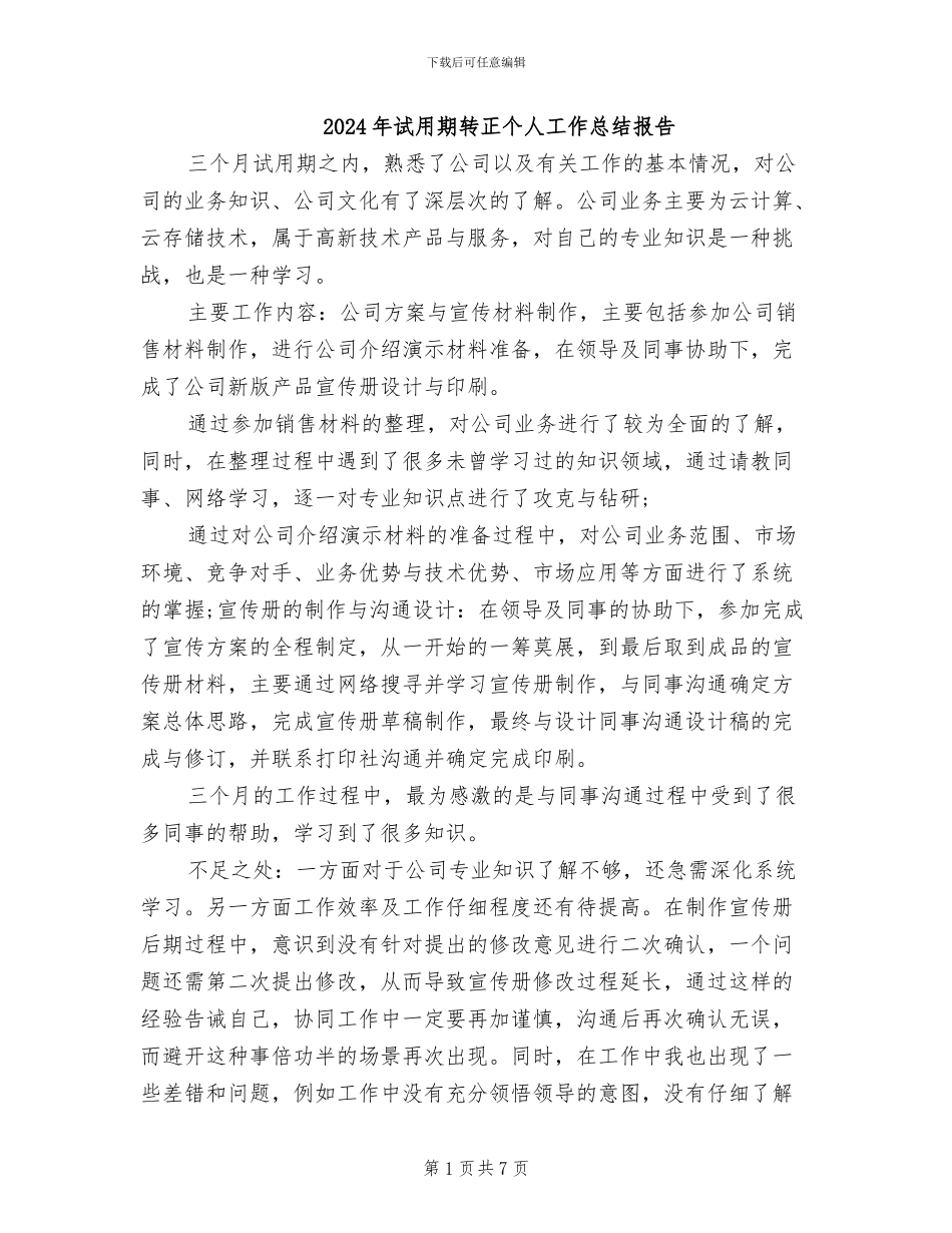 2024年试用期转正个人工作总结报告_第1页