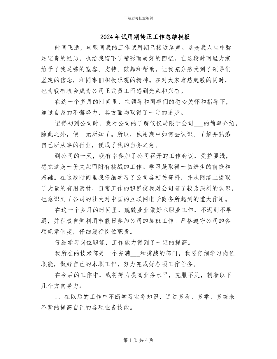2024年试用期转正工作总结模板_第1页