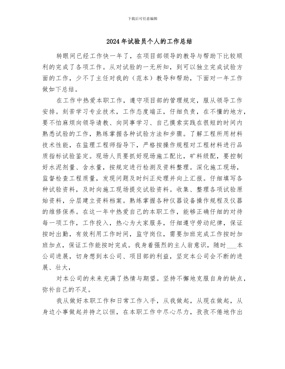 2024年试验员个人的工作总结_第1页