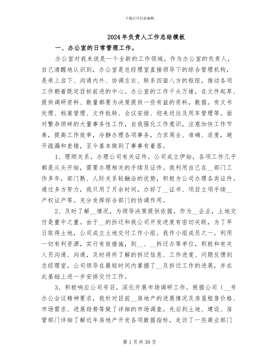 2024年负责人工作总结模板_第1页