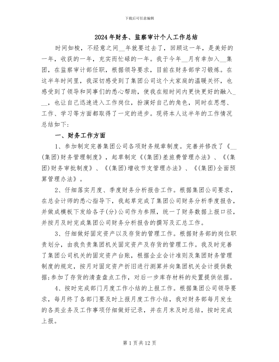 2024年财务、监察审计个人工作总结_第1页