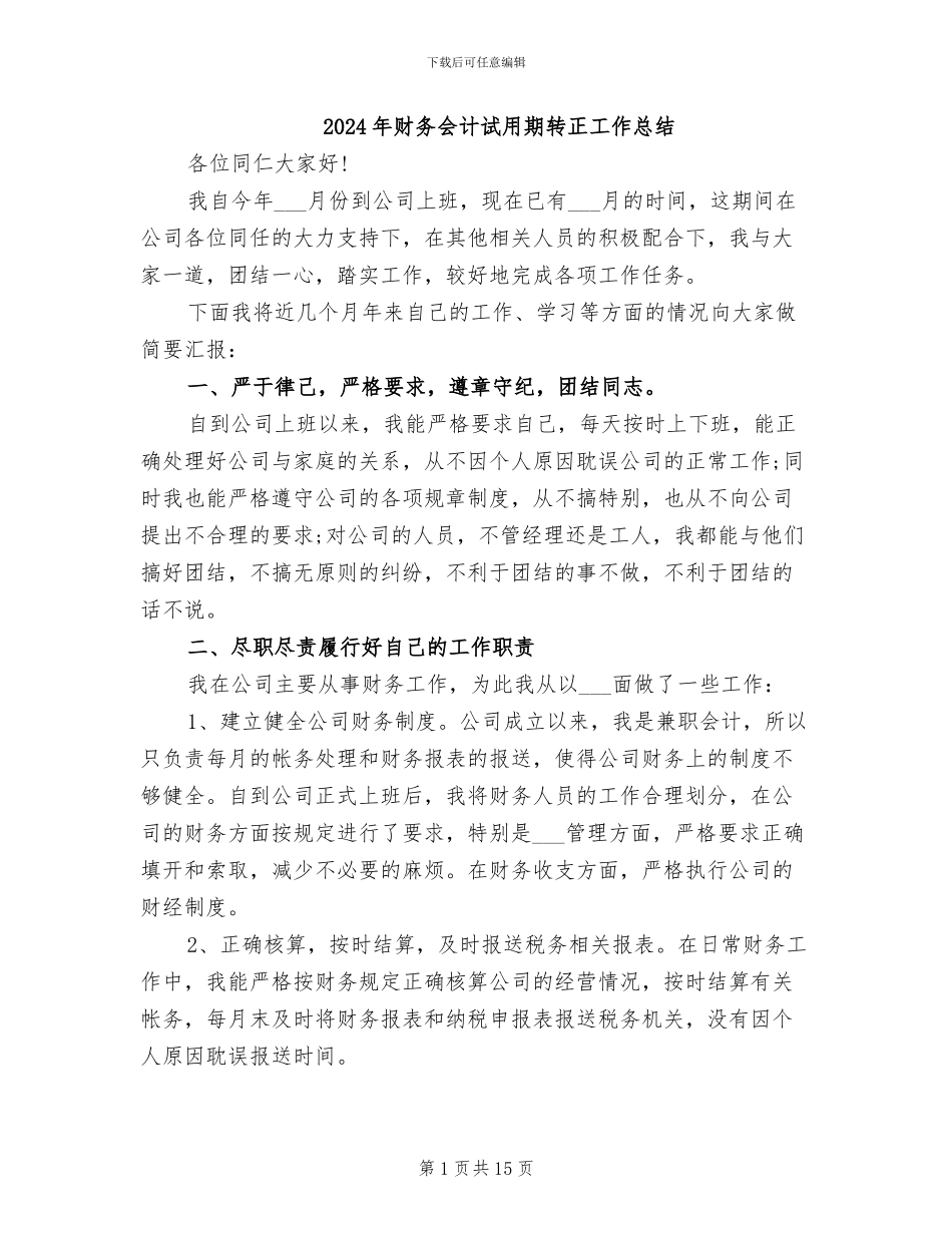 2024年财务会计试用期转正工作总结_第1页