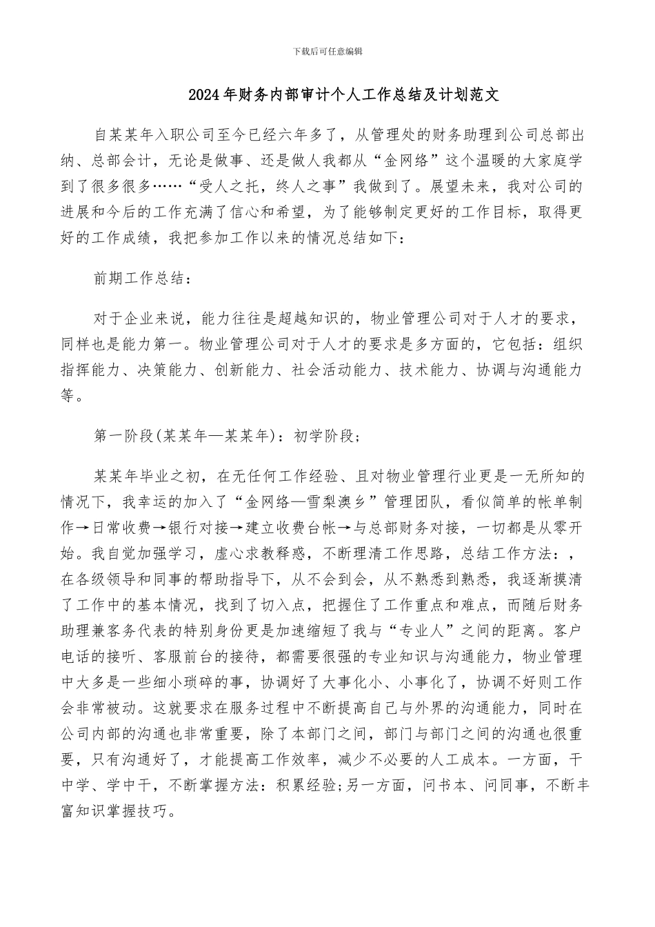 2024年财务内部审计个人工作总结及计划范文_第1页