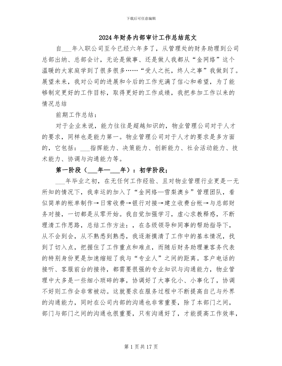 2024年财务内部审计工作总结范文_第1页