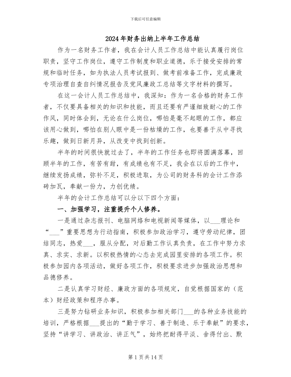 2024年财务出纳上半年工作总结_第1页