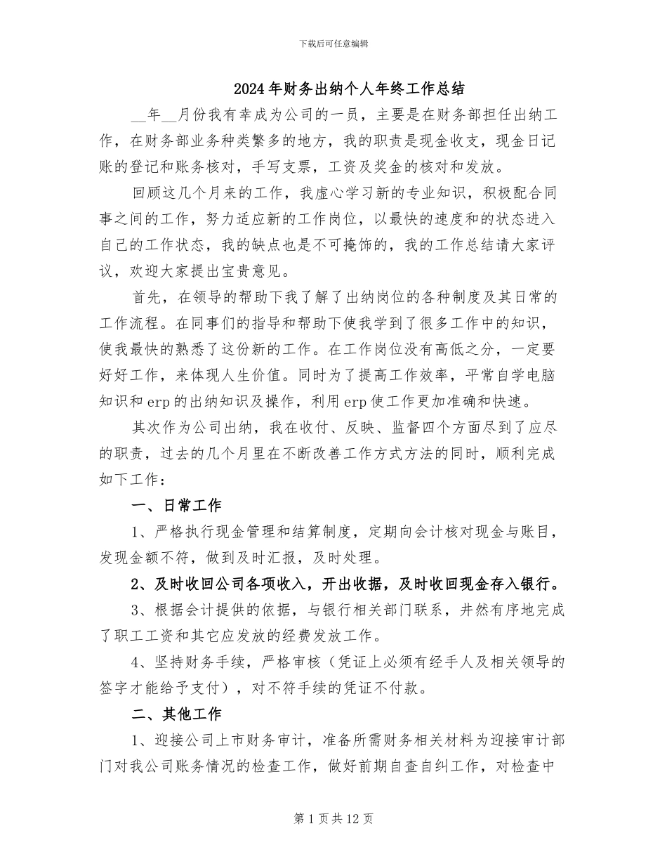 2024年财务出纳个人年终工作总结_第1页