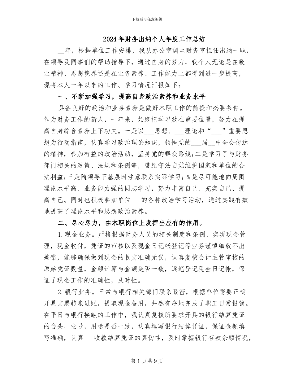 2024年财务出纳个人年度工作总结_第1页