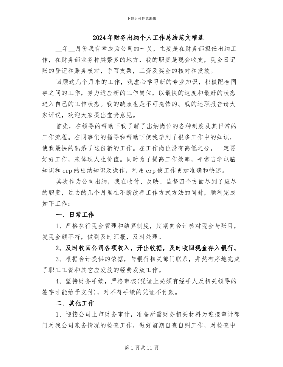 2024年财务出纳个人工作总结范文精选_第1页