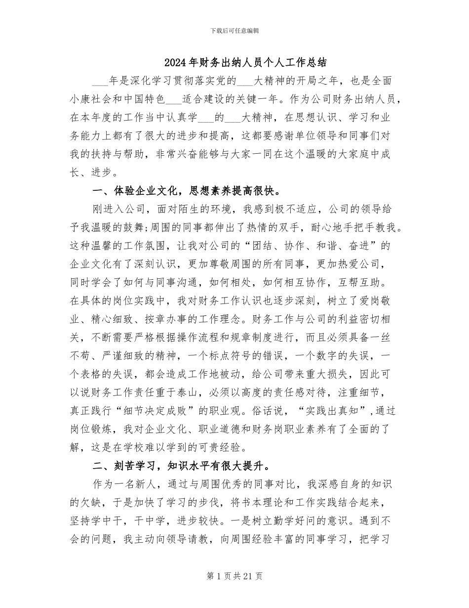2024年财务出纳人员个人工作总结_第1页