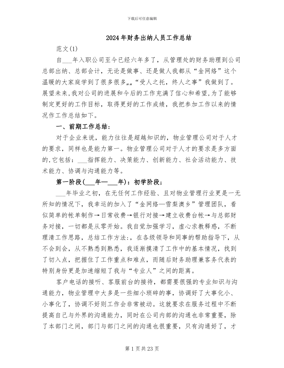 2024年财务出纳人员工作总结_第1页
