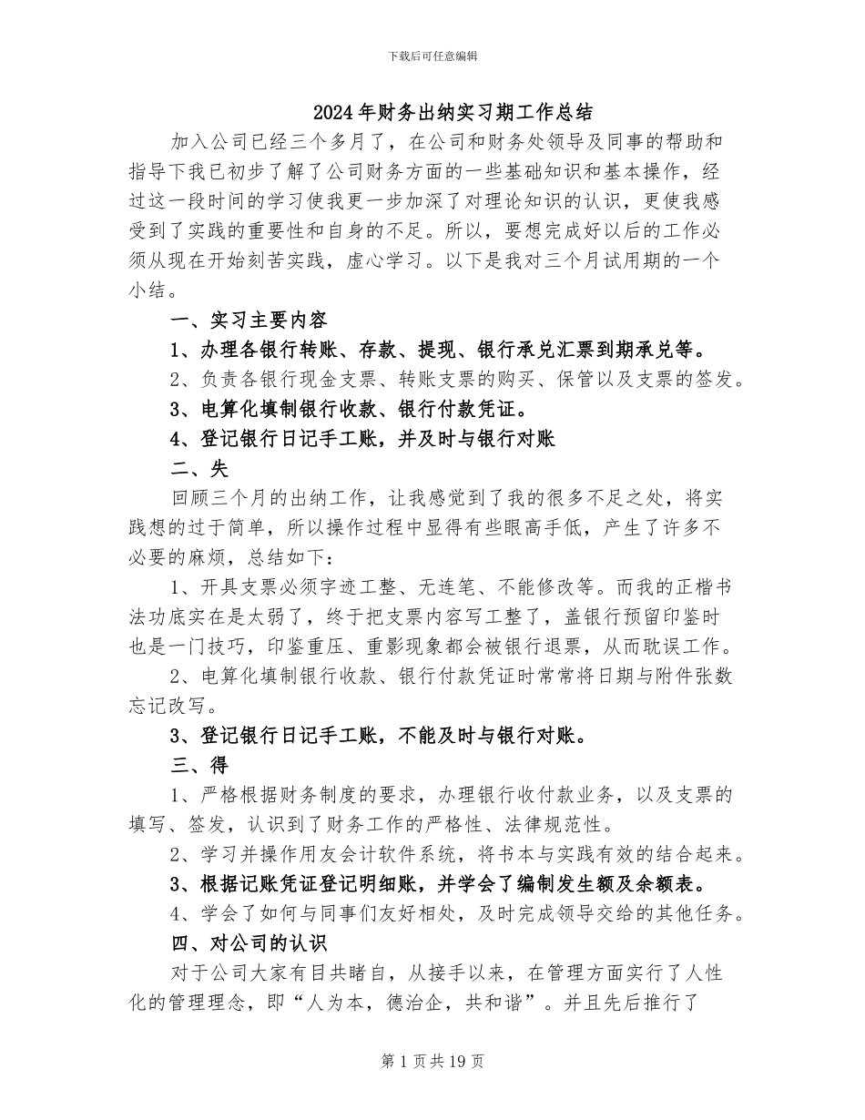 2024年财务出纳实习期工作总结_第1页