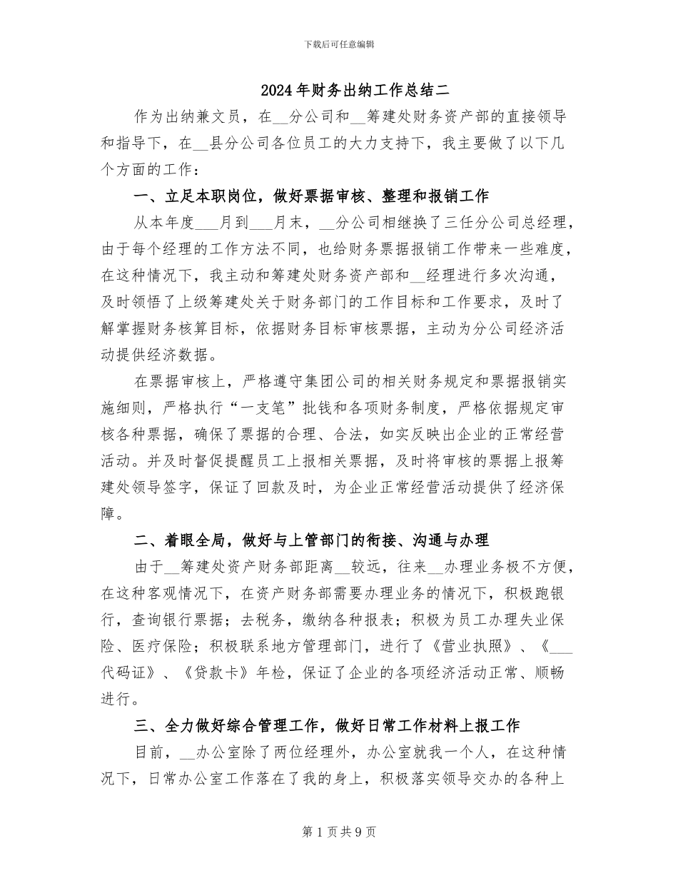 2024年财务出纳工作总结二_第1页