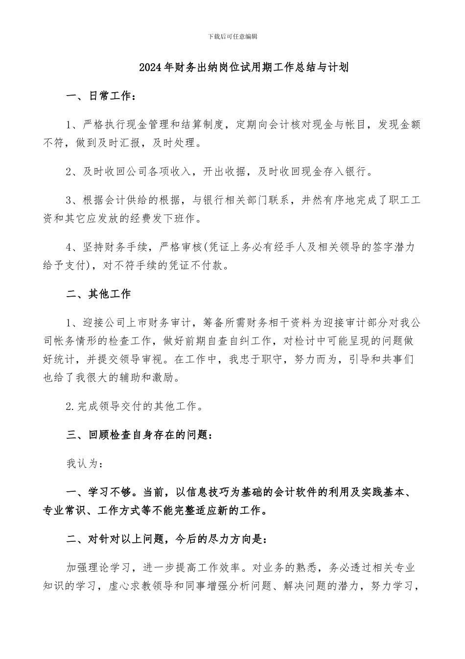 2024年财务出纳岗位试用期工作总结与计划_第1页