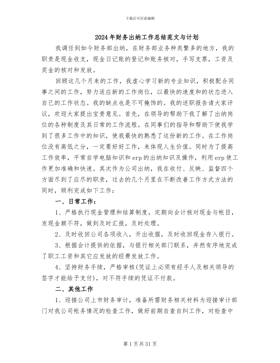 2024年财务出纳工作总结范文与计划_第1页