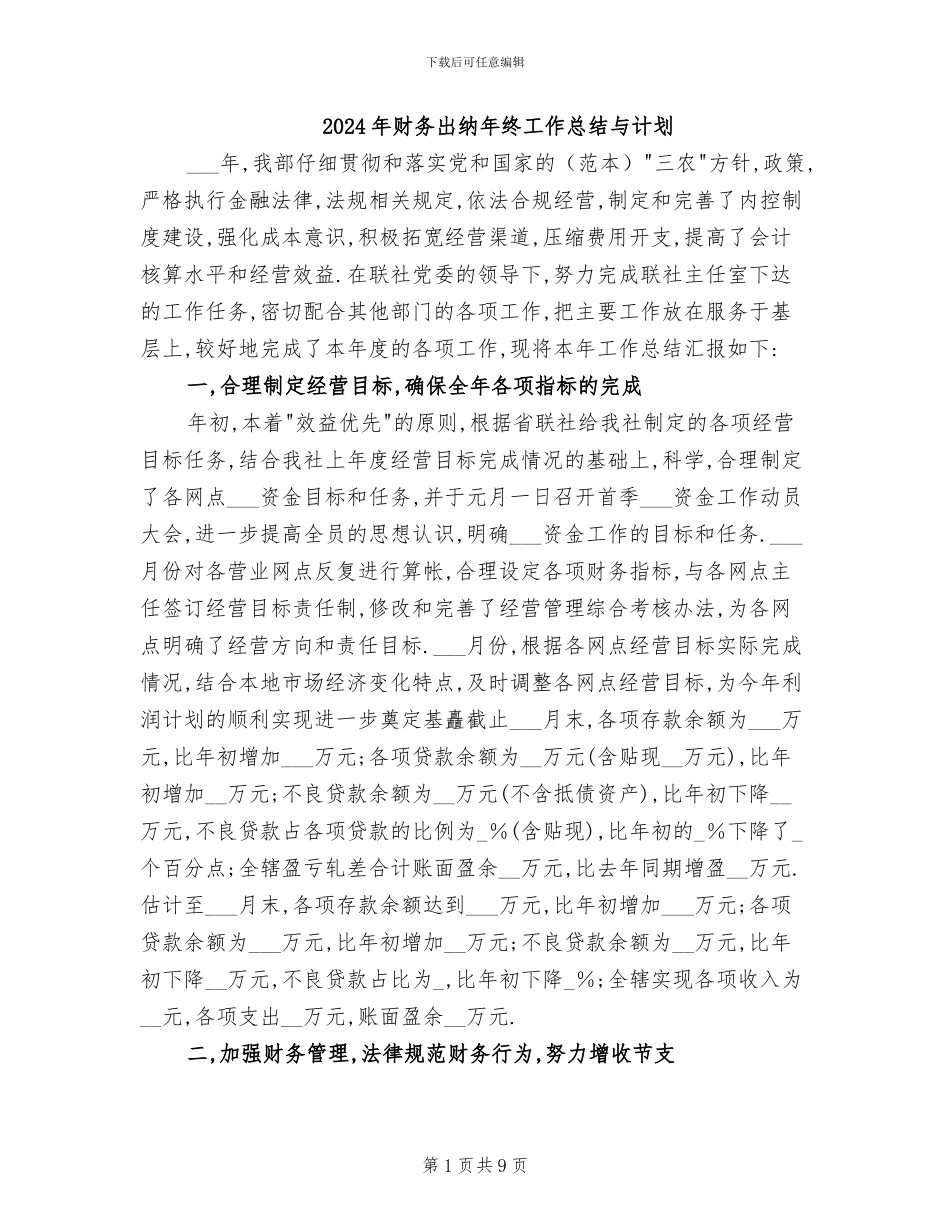 2024年财务出纳年终工作总结与计划_第1页