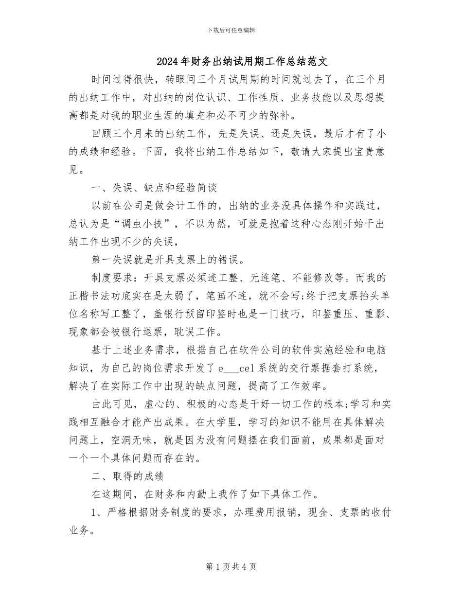 2024年财务出纳试用期工作总结范文_第1页