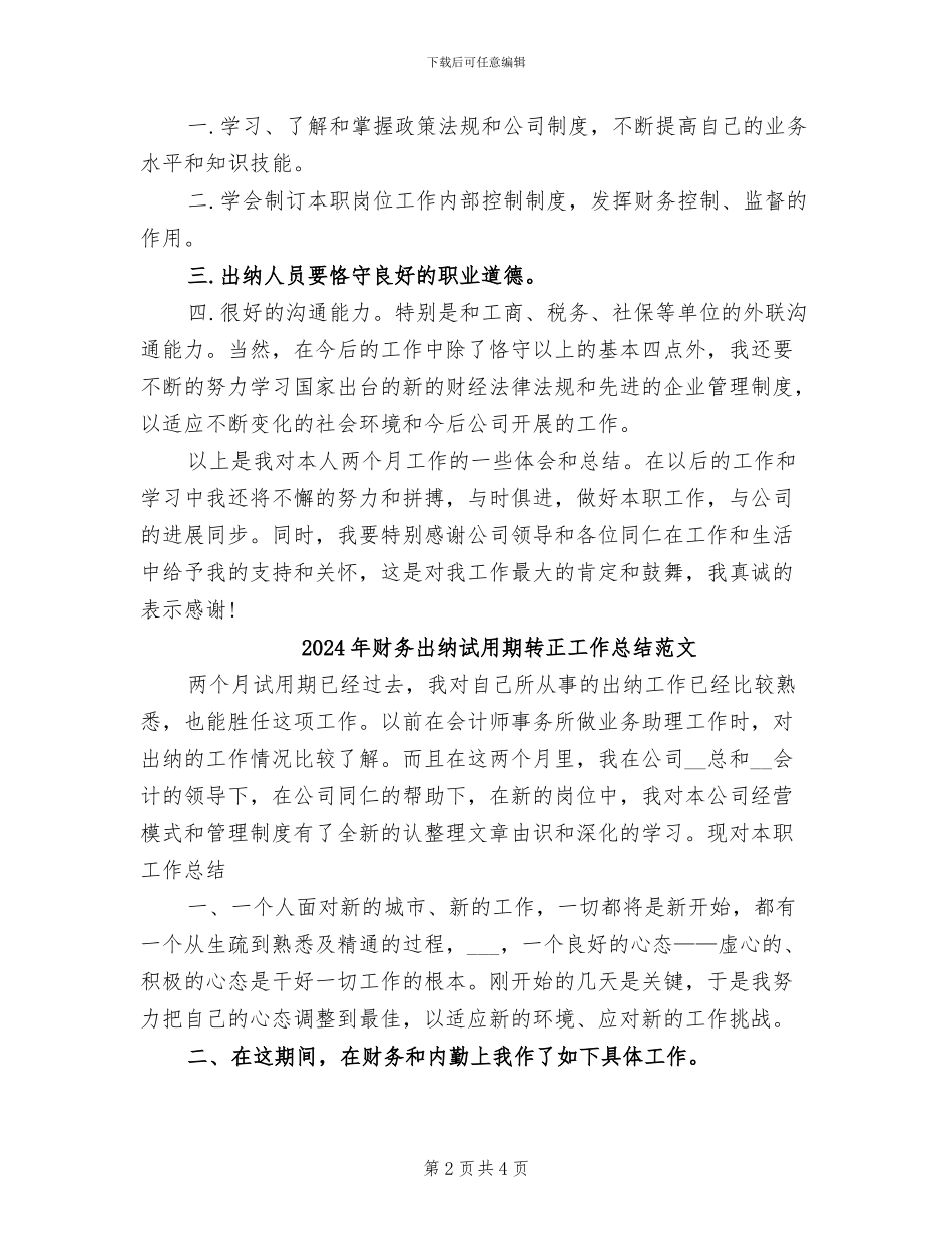 2024年财务出纳试用期转正工作总结_第2页