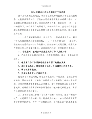 2024年财务出纳试用期转正工作总结