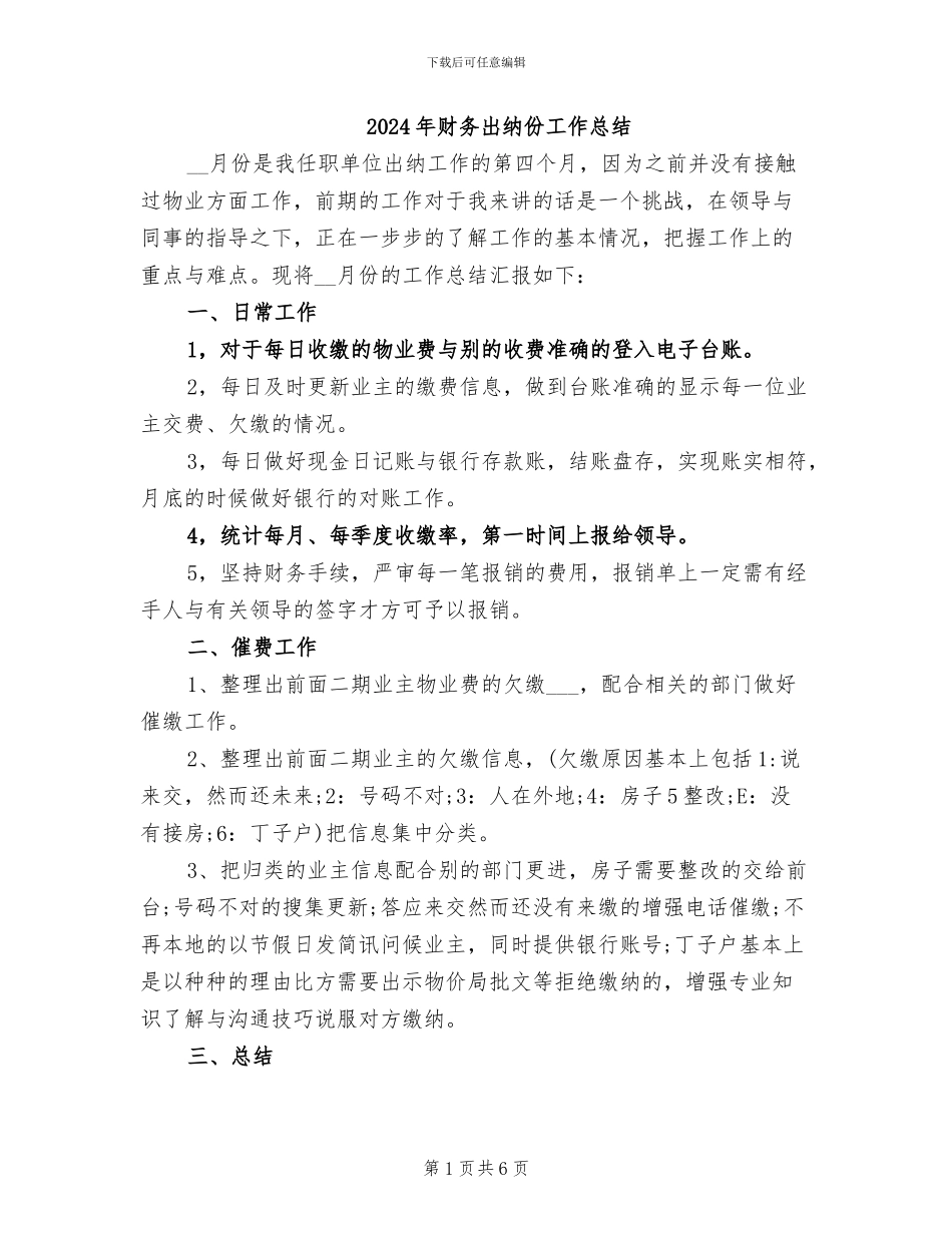 2024年财务出纳份工作总结_第1页