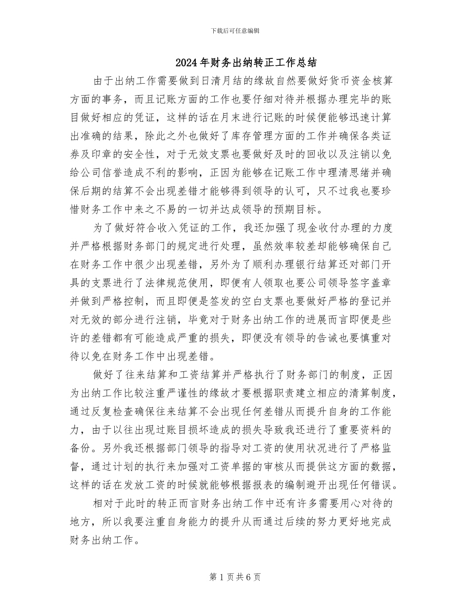2024年财务出纳转正工作总结_第1页